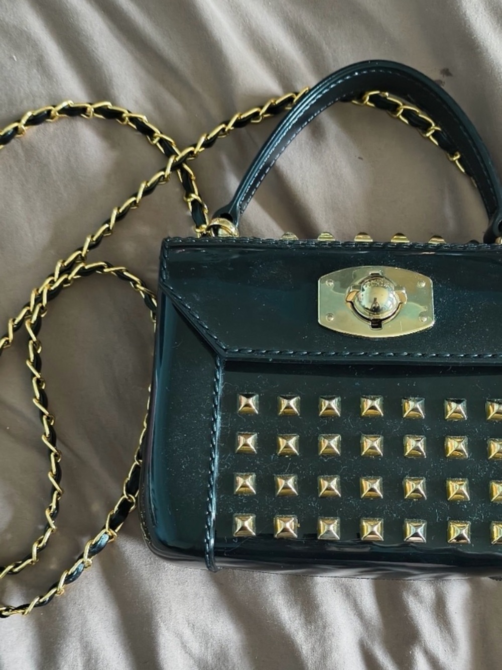 Italian 🇮🇹 FURLA. Black Studded Patent Mini Crossbody Bag with Gold Hardware